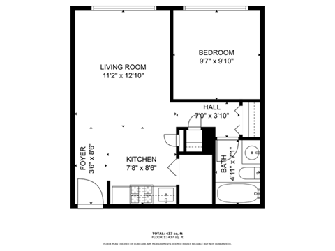 Floor plan for 1 bed, 1 bath, 550 sqft